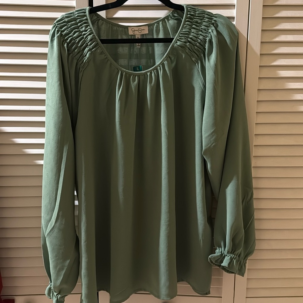 NWT Jessica Simpson khaki pointelle long sleeve blouse w/elastic sleeve&shoulder